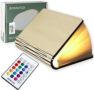 BONNYCO Lampe Livre Led Pliante en Bois avec Télécommande, 16 Couleurs et Minuterie. Livre Lumineux Decoration Chambre, Maison, Bureau. Lampe Lumio Gadget, Idee Cadeau Noel Anniversaire Femme Homme