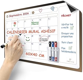 PREVIS Calendrier Mensuel Mural Effacable A4 30X21CM avec 3 feutres - Tableau organisateur mural Planning Mensuel - Planificateur Calendrier Mural 2025 Grand Format Familial